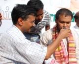 KMSS Secretary Akhil Gogoi being served water by social activist Arbinda Kezriwal after breaking his 9 day hunger strike