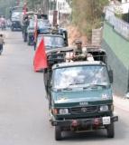 Meghalaya police personnel and BSF on a flag march in Shillong to instill a sense of security in the people following some incidents of arson.