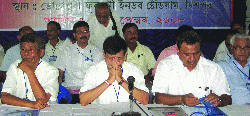 (From L) AGP President Phanibhushan Choudhury,President Brindawan Goswami, Leader of Opposition Assam Assembly Chandramohan Patowary 